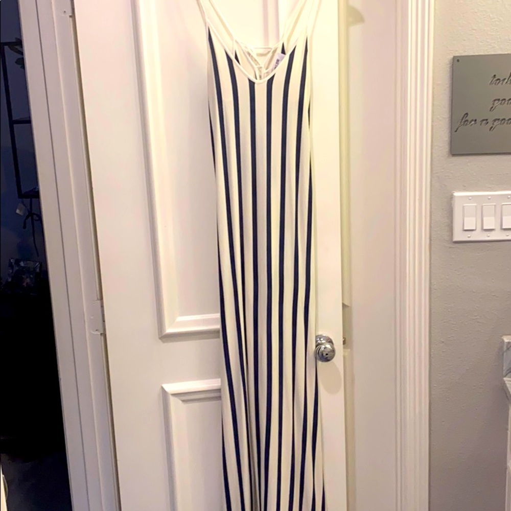 Blue and white striped maxi dress